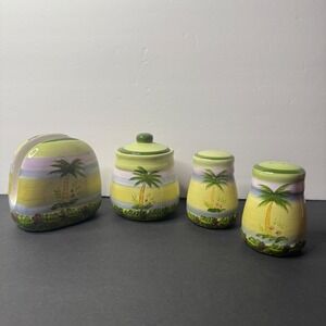 Alco Industries Palm Tree Ceramic Napkin Holder Sugar Jar Salt Pepper Shaker Set